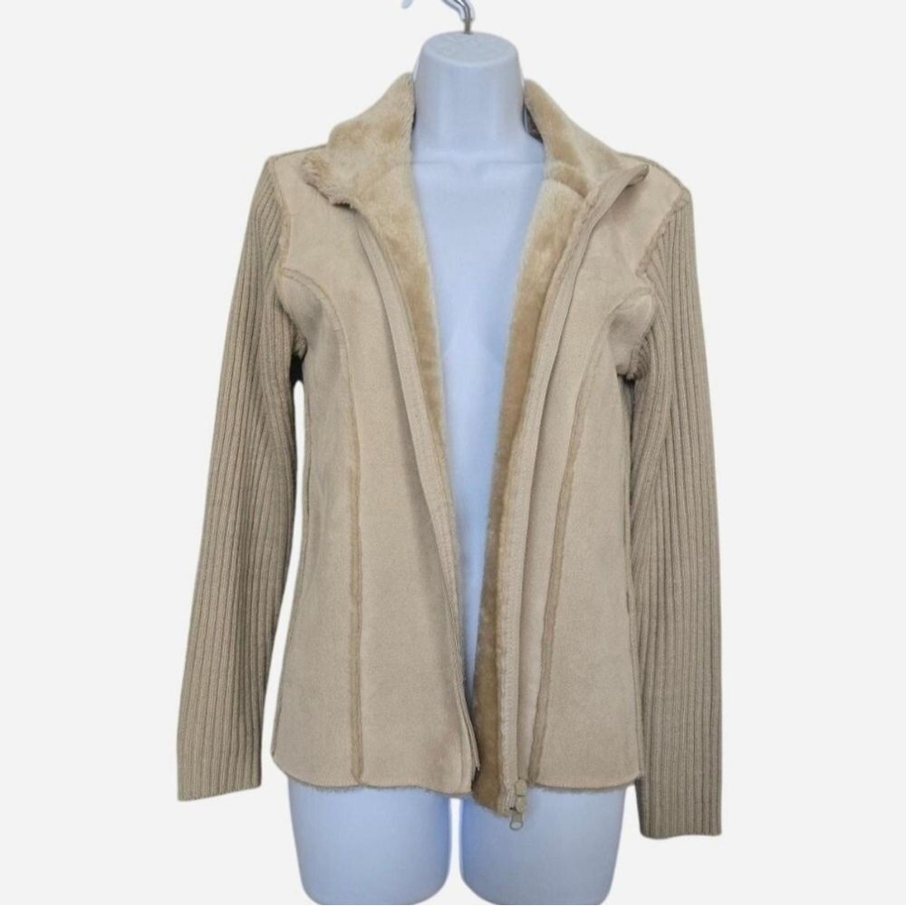 Vintage Y2K Beige Faux Suede Fur Collar Cardigan Jacket Size Small